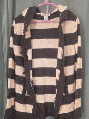 Outlander Striped Hooded Open-Front Cardigan - Black & Cream